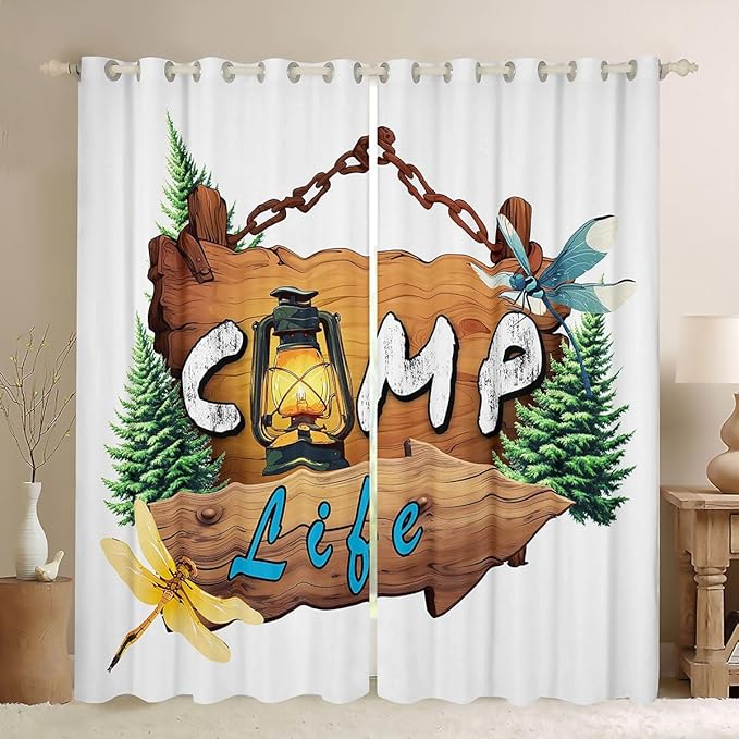 Erosebridal Happy Camping Window Drapes Lodge Cabin Camper Blackout Curtains 52" Wx63 L Rustic Pine Trees Curtains for Bedroom Living Room,Adventure Camp Life Window Treatments 2 Panels