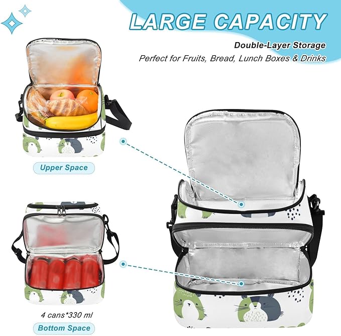 Double-layer Lunch Bag safaris Simple Bears Green Soft Cooler Cooling boxes? with Detachable Shoulder Strap for Beach, Camping, Road Trips