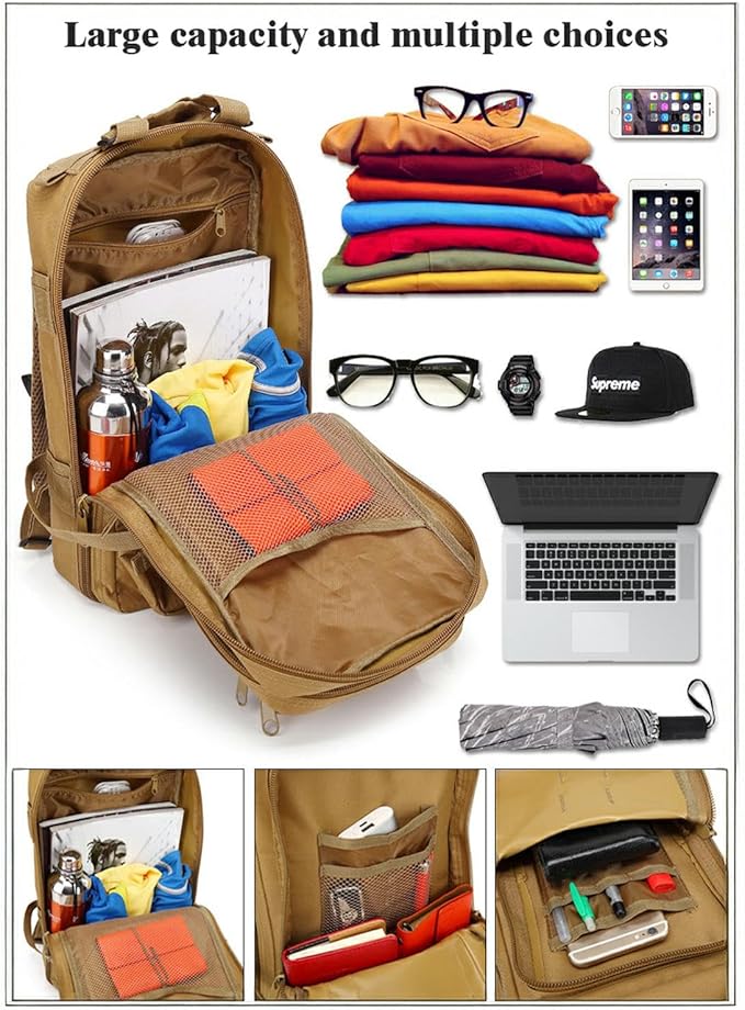 30L Comfortable Durable Military Tactical Backpack w/USA Flag Patch, MOLLE Hiking Camping Travel Bag,(khaki)