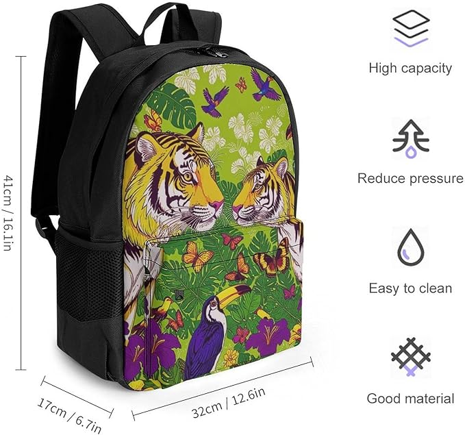 Supdreamc Backpack Polyester Multipurpose Anti-Theft Tropical Floral Wild Animals Tigers Parrot Green Shoulder Bag Big Capacity Gym Outdoor Hiking Backpack With Padded Straps
