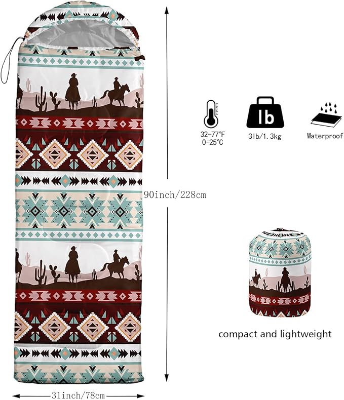 Kids Sleeping Bag for Boys Girls,Bohemian Cowboy Print-Lightweight Warm Portable Outdoor Indoor-Waterproof Cold Weather Resistant Sleeping Bag for Camping Hiking