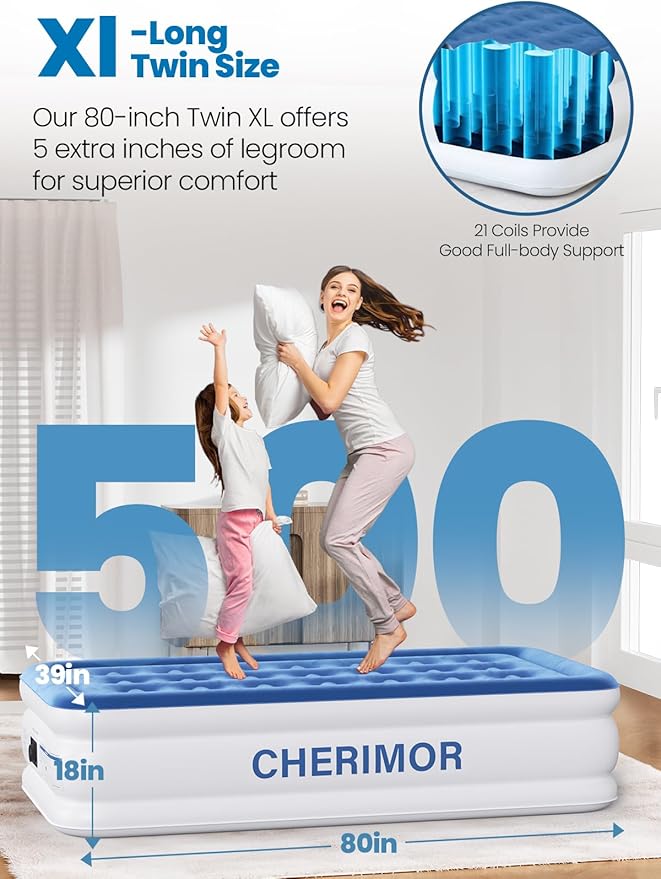 Twin XL Air Mattress with Built-in Pump, 18" Raised Comfort, 80“ Length, 48Hr Leak-Proof Test, Upgraded Honeycomb Pillar Design, Supports 500 lbs, 2-Min Inflation for Home Guests-Blue