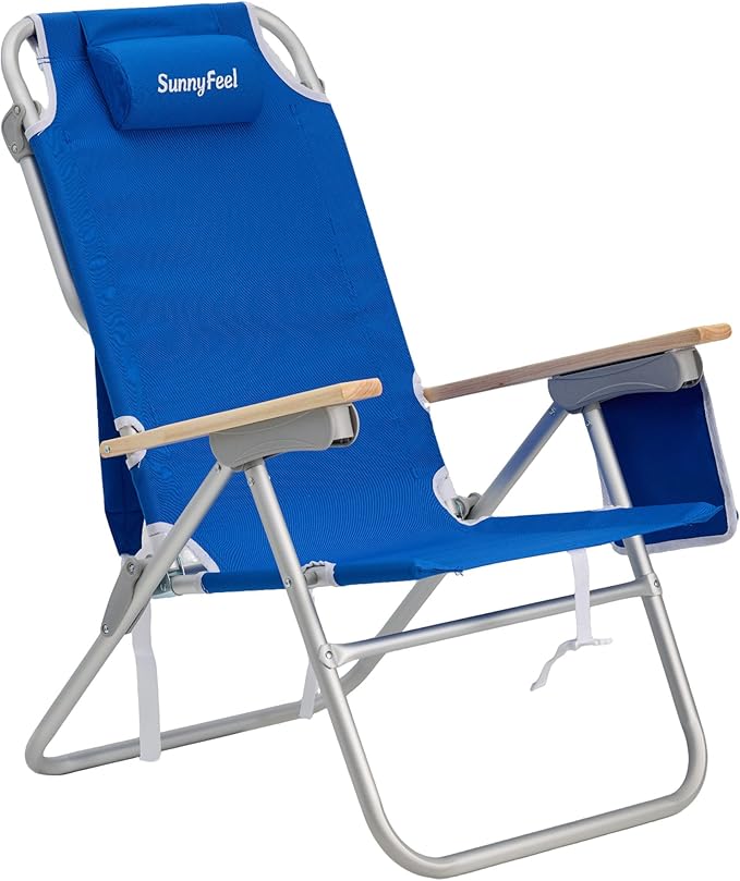 SUNNYFEEL High Back Folding Beach Chair, Tall Beach Chair with 3 Reclining Position, Portable Camping Chair for Adults, Wood Armrest, Lightweight Camping Chair 300 lbs Heavy Duty, Blue