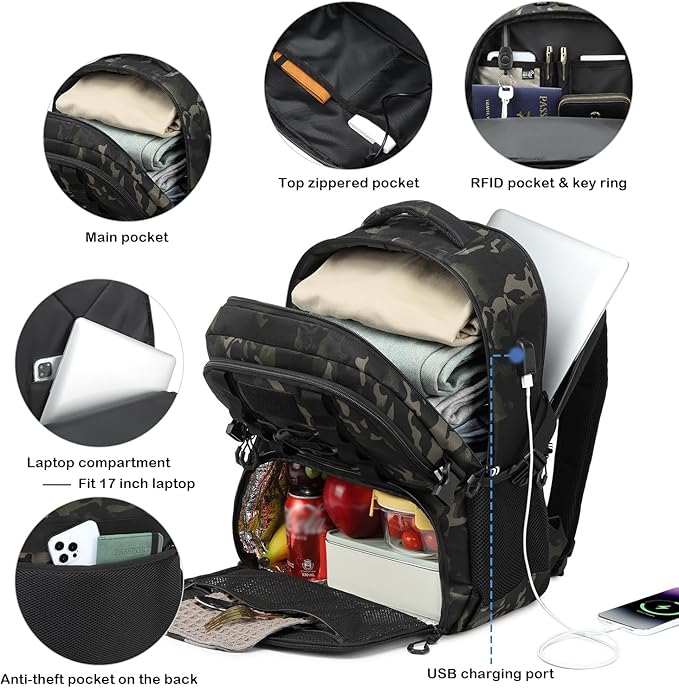 Laptop Lunch Backpack for Men - 40L Large Capacity Work Backpack with Lunch Compartment and USB Post, RFID Insulated Cooler Backpack for Work, Travel, Picnic, Black CM