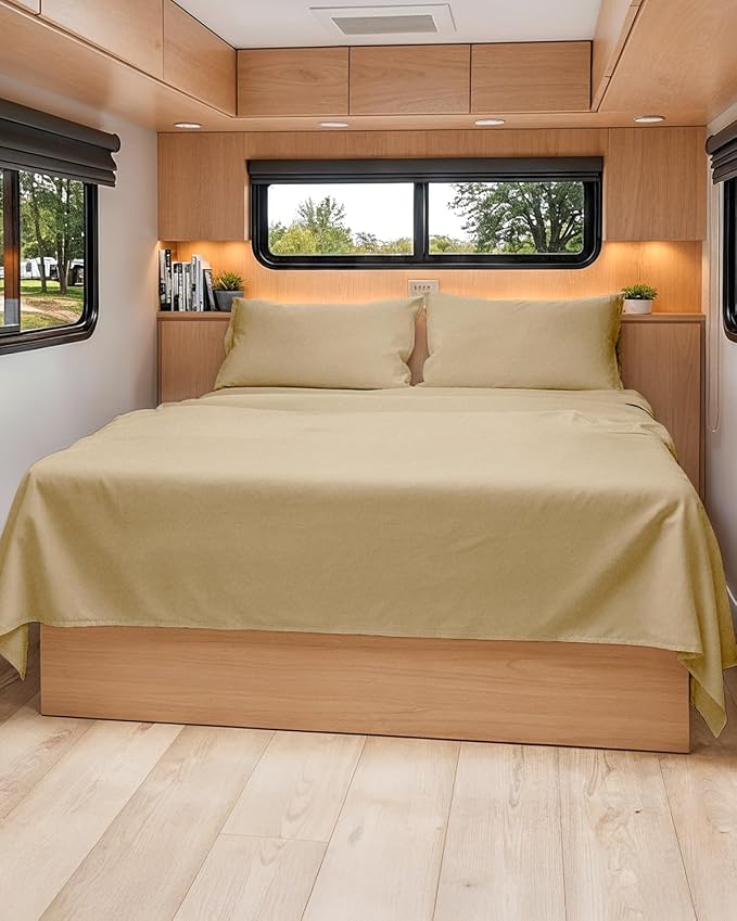 RV Short Queen Sheet Set 60 X 75 - 4 Piece RV Short Queen Bed Sheets - Soft, Breathable & Cooling - Designed for Bunks, Trailers & Campers - Fits 8” to 12" Mattress - Luxury Bedding - Heathered Tan