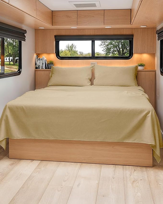 RV Short Queen Sheet Set 60 X 75 - 4 Piece RV Short Queen Bed Sheets - Soft, Breathable & Cooling - Designed for Bunks, Trailers & Campers - Fits 8” to 12" Mattress - Luxury Bedding - Heathered Tan