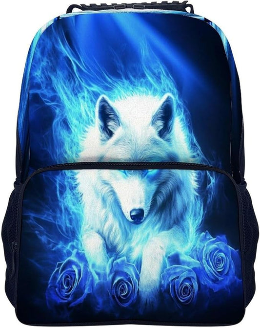 Lightweight Rucksacks for Camping Picnic Walking Cycling, Large Capacity Multipurpose Anti-Theft Carry On Bag, Blue Fire Flame Rose Wolf Travel Hiking Camping Rucksack