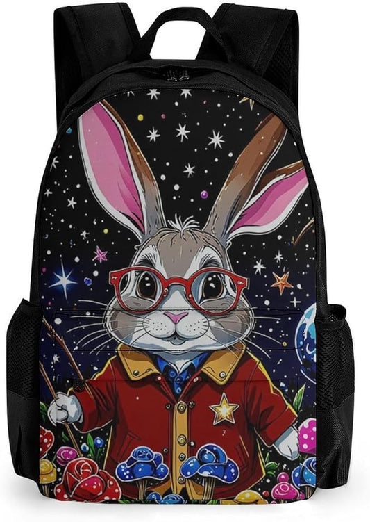 Men Women Lightweight Psychedelic Rabbit Space Mushroom Art Casual Daypack Large Capacity Bookbag With Adjustable Shoulder Straps for Gym Business Bicycle