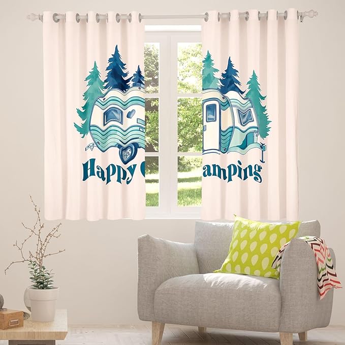 Erosebridal Happy Camping Window Curtains 42" Wx84 L Country Camper Blackout Curtains for Bedroom Living Room,Camping Vehicle Camp Window Treatments Cartoon Camper Car Drapes Decor 2 Panels