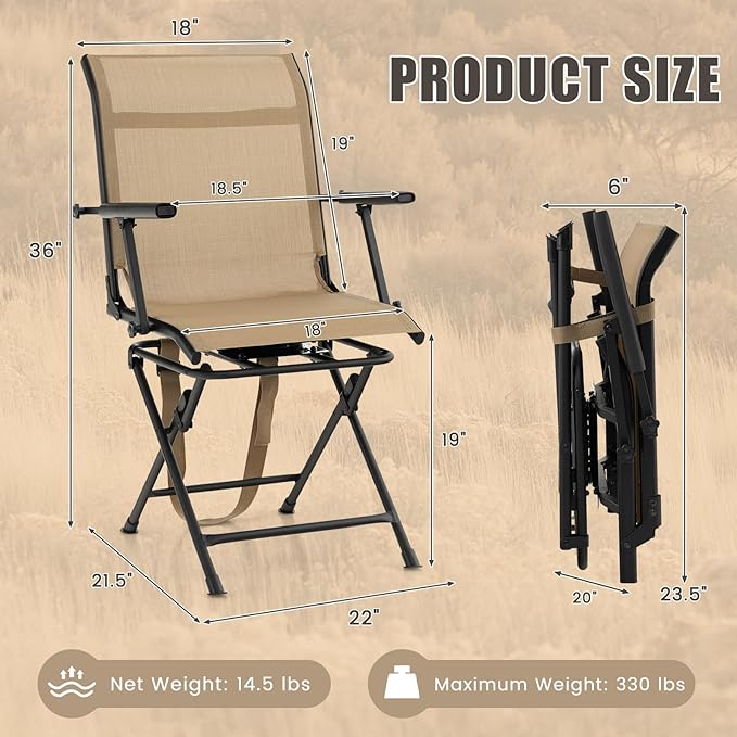 LDAILY Moccha Hunting Chair, 360° Swivel Blind Chair w/Armrest & Mesh Back, Non-Slipping Pads, Sturdy Metal Frame, 330LBS Capacity, Portable and Silent Folding Hunting Chairs for Blinds (Brown)