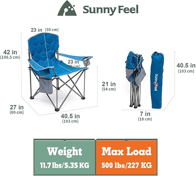 SUNNYFEEL XXL Oversized Camping Chair Heavy Duty 500 LBS for Big Tall People Above 6'4 Padded Portable Folding Sports Lawn Chairs with Armrest Cup Holder & Pocket for Outdoor/Travel/Picnic/Camp