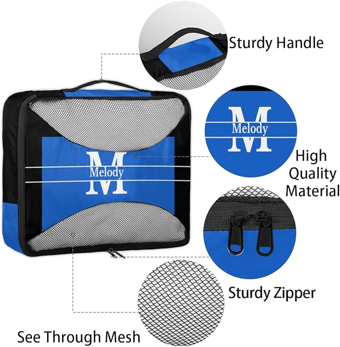 Custom Packing Cubes with Name and Initial Letter, 4Pcs/Set Travel Luggage Packing Organizers Set for Men and Women, Navy Blue with Black