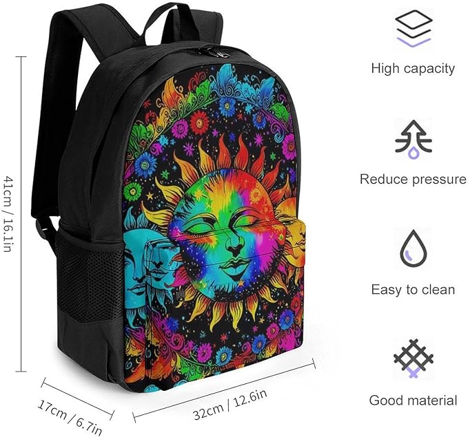 Supdreamc Shoulder Book Bags Polyester Multipurpose Anti-Theft Mandala Triple Sun Hippie Trippy Psychedelic Boho Art Carry On Bag Large Capacity Travel Hiking Camping Rucksack