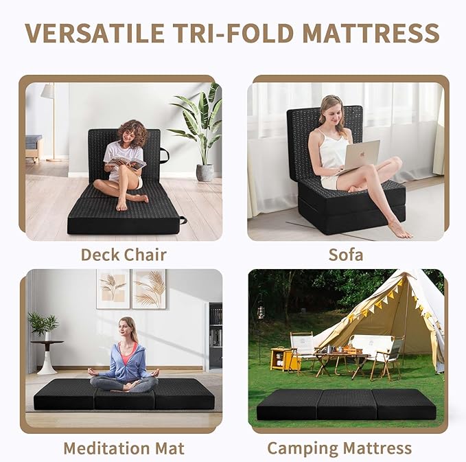 CYMULA Folding Mattress Single Size,6 inch Memory Foam Tri-Fold Single Floor Mattress Topper with Breathable & Washable Cover,Thick Foldable Mat for Camping,Naps and Guests，Black(25"×75"×6")