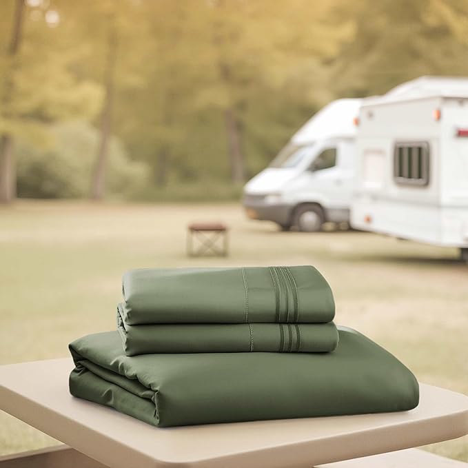 Hearth & Harbor Short Queen Sheets for RV, Olive Green RV Queen Sheets, Silky Soft 1800 Microfiber Bed Sheet for Camper, 4 Piece RV Bedding with Pillowcases