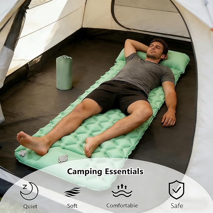 SNZ Camping Sleeping Pad, Ultralight Camping Mat with Pillow, Built-in Foot Pump Inflatable Sleeping Pads Compact for Backpacking, Tent, Travel, Outdoor Activities (Single)