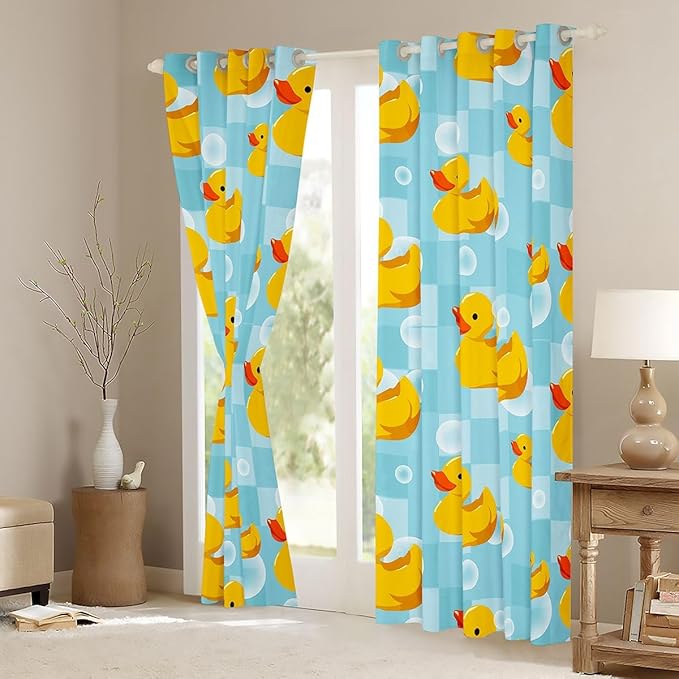 Cute Cartoon Ducks Window Curtain | Duck Shower Window Drapes for Teens Woman Men Blue Grids Bedroom Curtains Beach Party Living Room Decor Top 2 Panels,52Wx96L