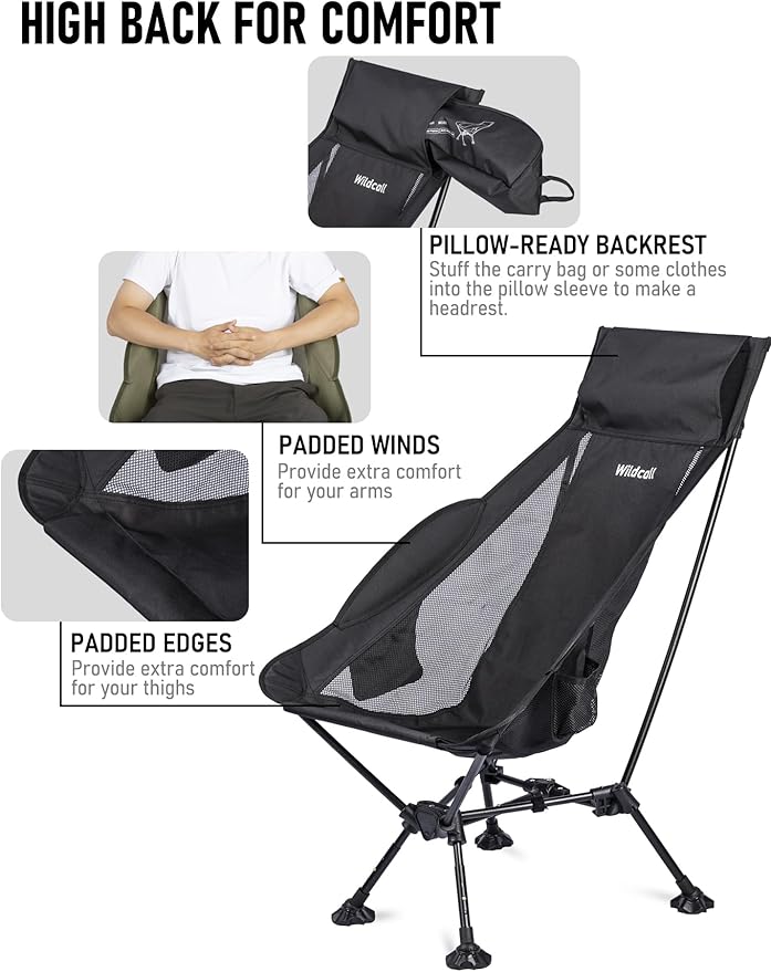 WildCall Lightweight Folding High Back Camping Chair with Head Support, Compact Beach Chair with Anti-Sinking Large Feet and Three Tilt Angles Adjustment