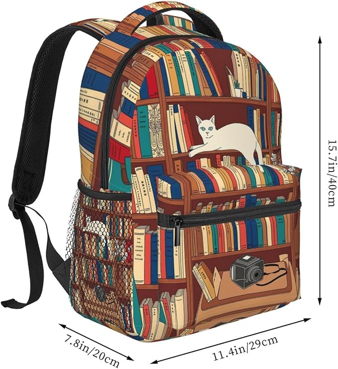 Daypack Bookbag Multipurpose Anti-Theft Big Capacity Carry On Bag, Book Lover Catsleeping Over Bookshelf In Library Art Travel Hiking Camping Rucksack With Padded Straps