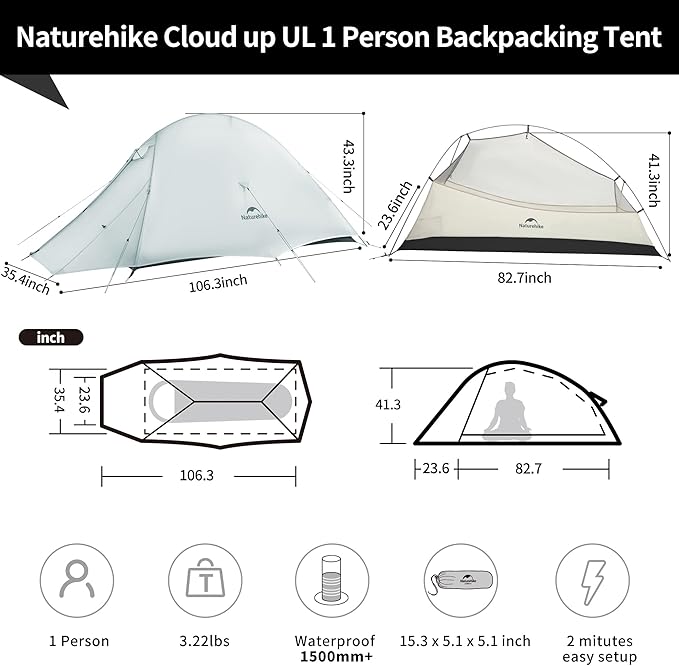 Naturehike Cloud Up 1 Person Tent, Lightweight Backpacking Tents for One Man, Waterproof Ultralight One Person Tent for Camping Hiking Backpacking