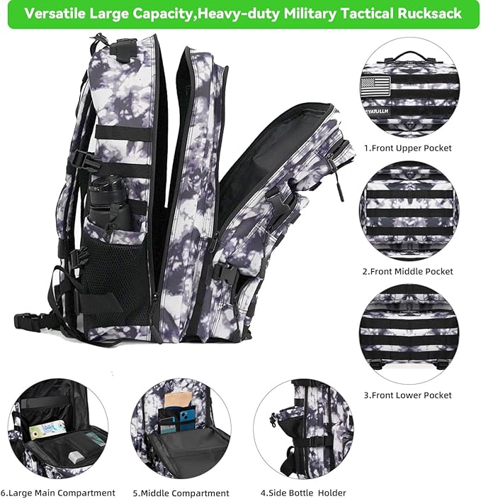 Military Tactical Backpack 55L for Men & Women Bug Out Bag Assault pack Molle Daypack Hiking Trekking Rucksack (Black and white tie dye)