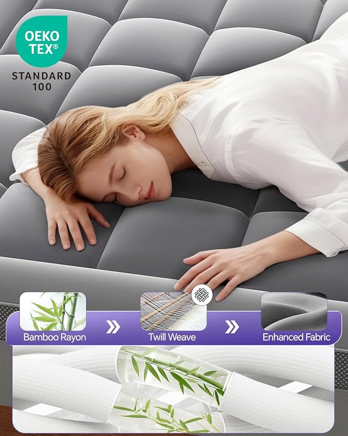 Dual Layer 4 Inch Memory Foam Mattress Topper Twin XL - 2 Inch Gel Memory Foam and 2 Inch Pillow Top Mattress Pad, 7-Zone Egg Crate Twin XL Size Mattress Topper (Grey)