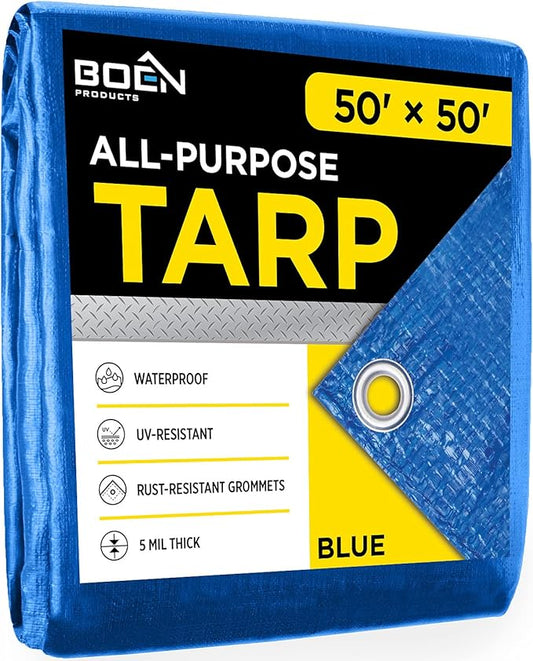 Multi-Purpose Large Tarp Waterproof Cover | Blue, 50' x 50' 5 Mil Thick | Rip Proof Tarps | Thick Weave Material, UV Resistant Great for Tarpaulin Canopy Tent, Boat, RV or Pool Cover