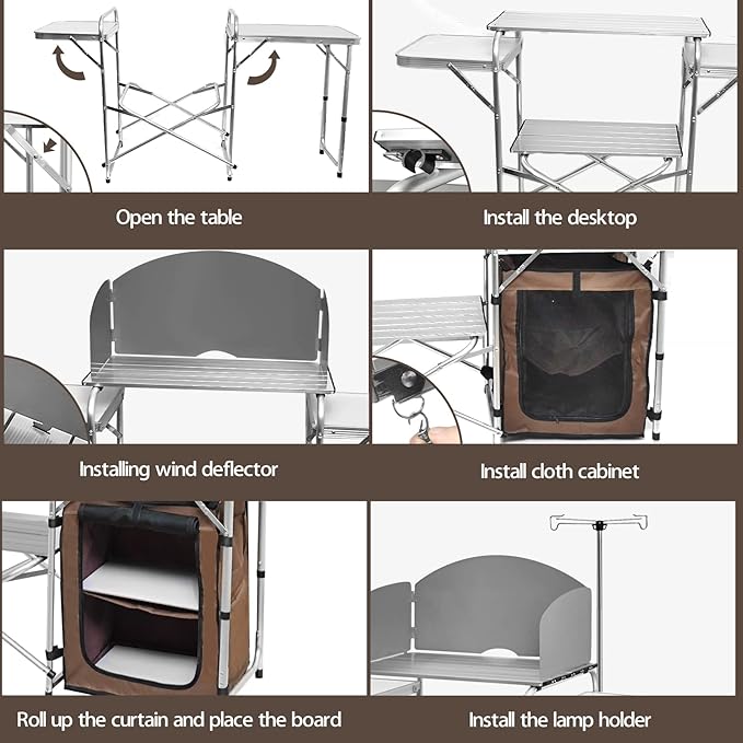 Camp Kitchen Table with Storage Organizer, Outdoor Cooking Table, Grill Tables for Outdoor,Portable Aluminum Windscreen Hooks for BBQ, Party (White)