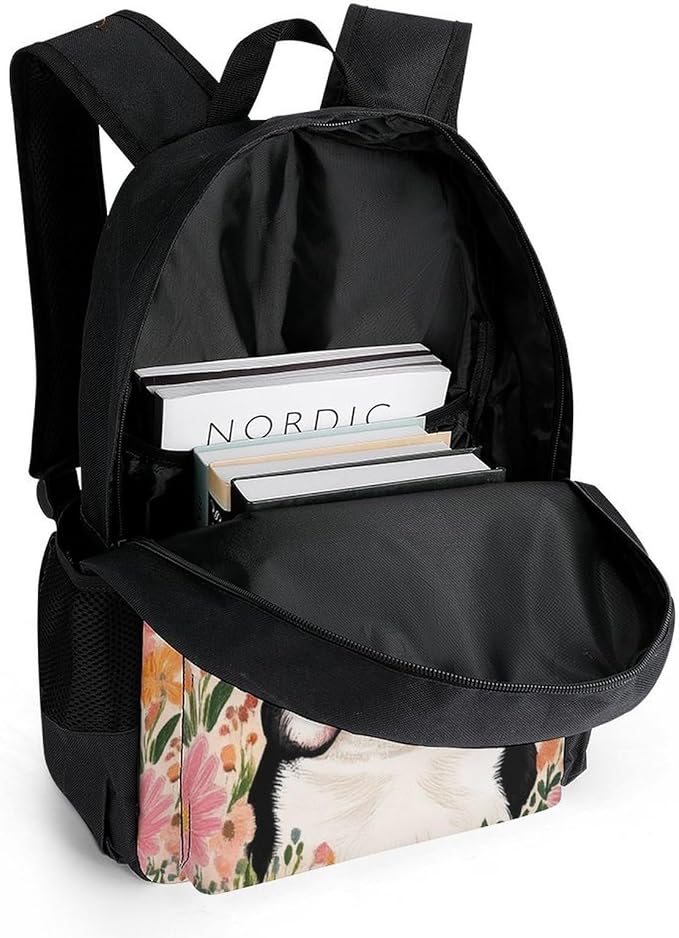 Supdreamc Men Women Lightweight Boston Terrier Floral Backpack Large Capacity Carry On Bag With Padded Straps for Sports Work Walking Cycling