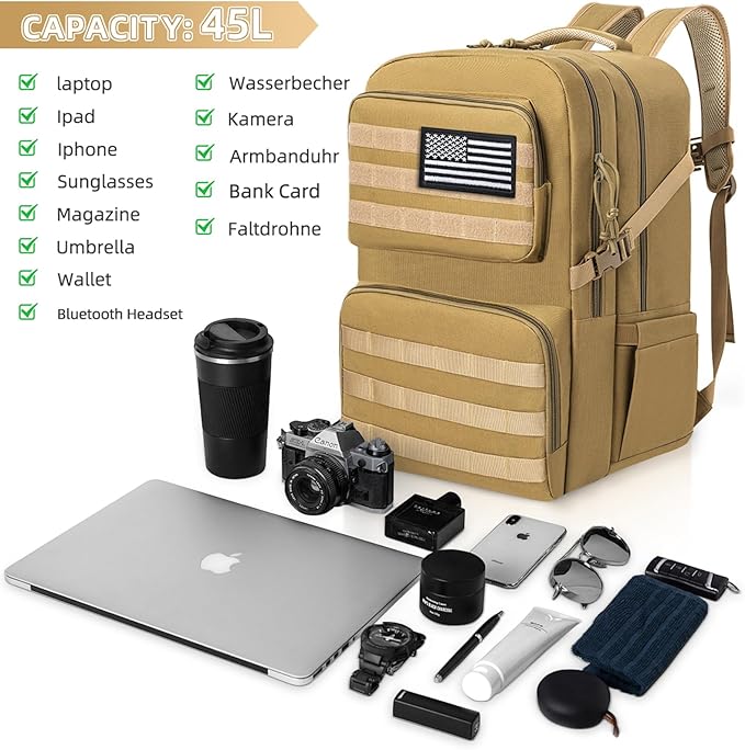 45L Tactical Backpack for Men, Water-resistant Military MOLLE Assault Backpack Bag for Hunting Camping Travel (Khaki)