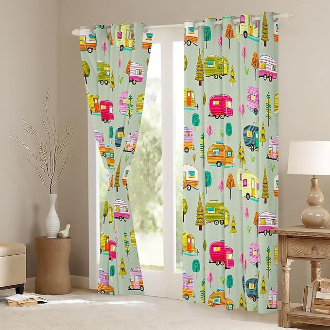 Feelyou Vintage Camper Curtains for Bedroom Living Room RV Travel Trailer Blackout Darkening Drapes Green Camping Theme Window Treatments, 2 Panels 38 x 45 Inch Room Decor