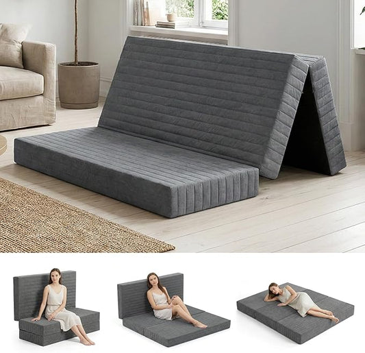 6-Inch Tri-Fold Mattress Queen Size, Covertible Bed Floor Futon Mattress with Handles & Non-Slip Bottom, Foldable Mattress with Removable Tufted for Guest, Camping, Dorm