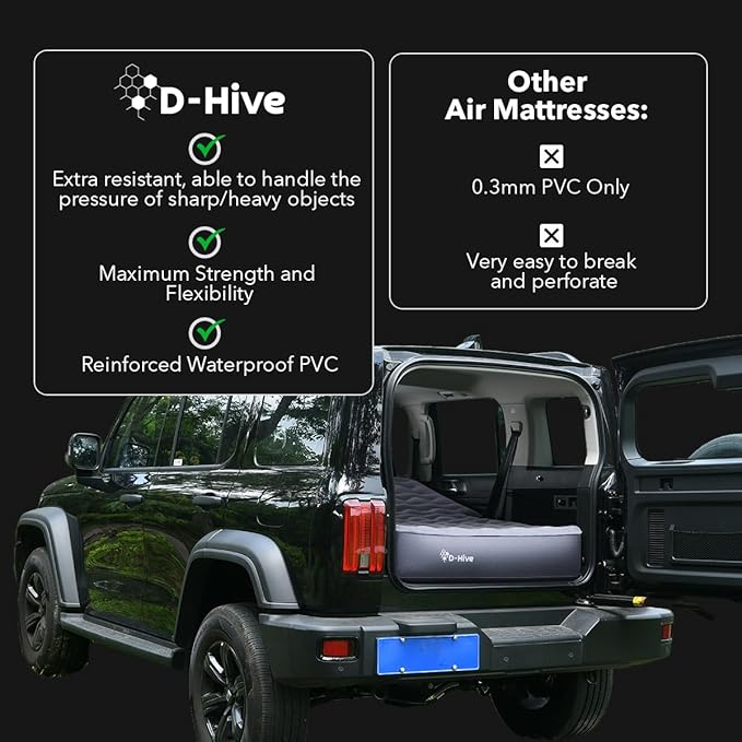 D-Hive SUV Air Mattress, Ultra-Thick Material Extra-High Car Air Mattress, SUV Mattress for Toyota 4runner, Jeep Wrangler, Car Mattress Inflatable Grey