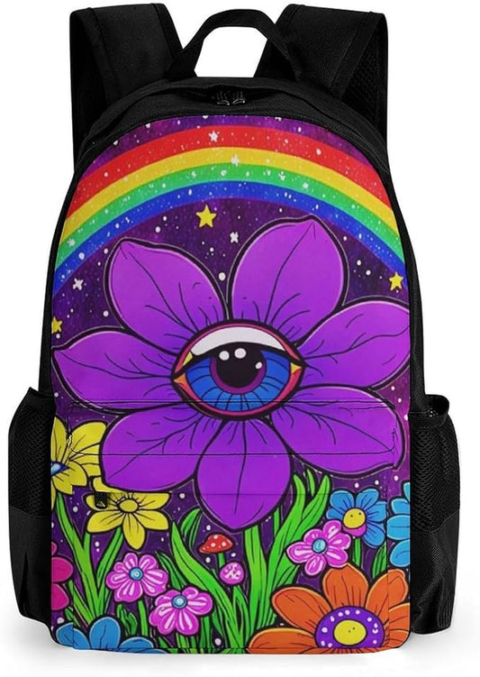 Backpack Multipurpose Anti-Theft Large Capacity Bookbag, Trippy Psychedelic Magic Eye Flower Art Travel Hiking Daypack With Side Pockets