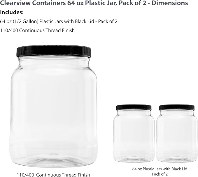 Plastic Storage Jars with Leak Proof Lids, BPA Free, Hand Wash Only (64oz, 2PK Black)