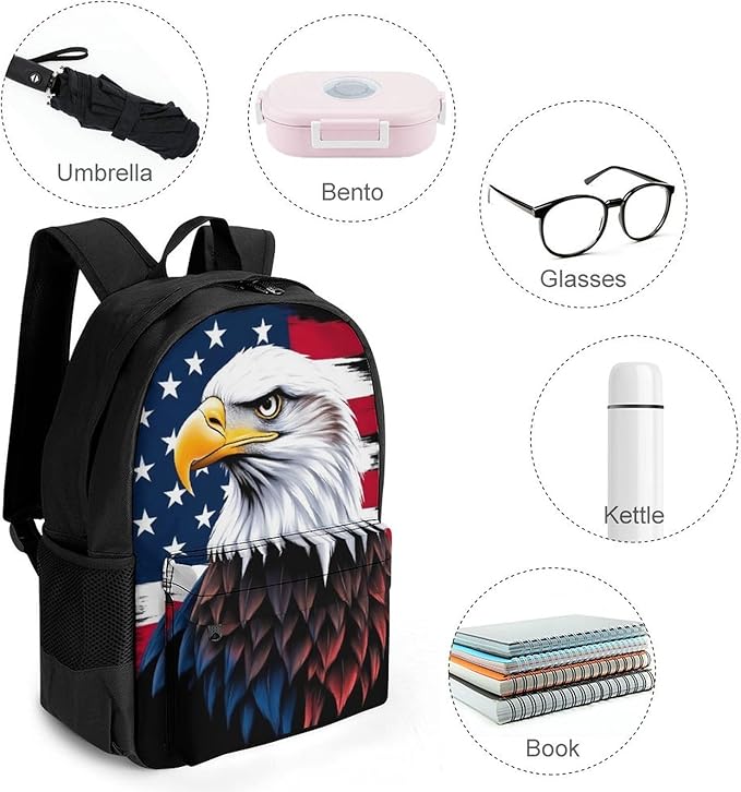 Supdreamc Lightweight Rucksack for Sports Travel Running, Big Capacity Multipurpose Anti-Theft Bookbag, Bald Eagle American Flag Travel and Sport Backpack Rucksack