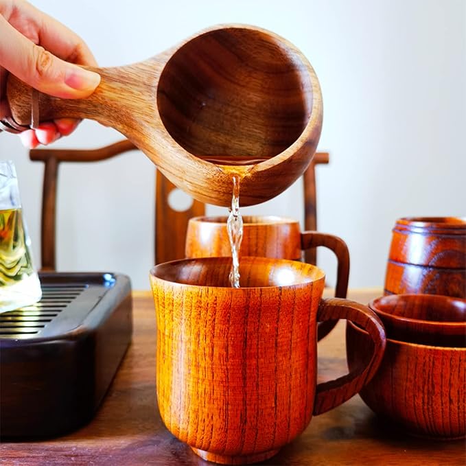 Sanrich Wooden Mug Kuksa Handcrafted Wood Camp Mug Survival Wood Cup Camping Cups & Mugs with Carabiner Leather Lanyard For Drinking Tea Coffee (8 ounces-tortoiseshell-no handle hole)