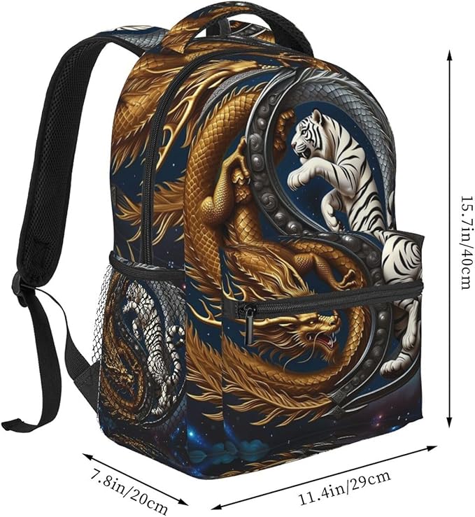 Men Women Lightweight Yin Yang Gold Dragon White Tiger Art Casual Daypack Large Capacity Bookbag With Adjustable Shoulder Straps for Gym Business Bicycle