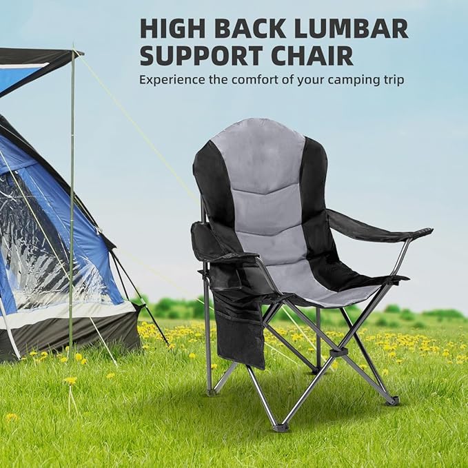 2 Pack Folding Camping Chairs for Adults - High Back Padded Outdoor Lawn Chairs with Lumbar Support & Cup Holder, 400lbs Heavy Duty Portable Camping Chairs Set (Black & Light Gray)