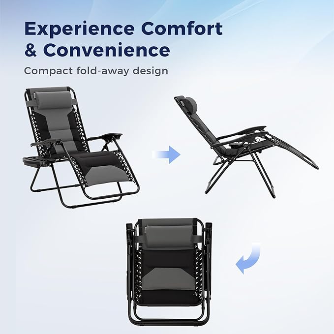 MAISON ARTS Oversized Padded Zero Gravity Chairs Set of 2, Folding Patio Lounge Chair, 28" Wide Seat Anti Gravity Recliners for Lawn Outdoor Camping Poolside Yard, Support 400lbs, Grey & Black