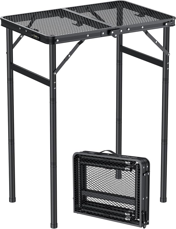 2ft Folding Grill Table Max 29.5", 3 Adjustable Heights Metal Threaded More Stable Lightweight Camping Table Heat-Resistant with Handle, for Cooking BBQ Outdoor Travel, 22.8" X 16", Black