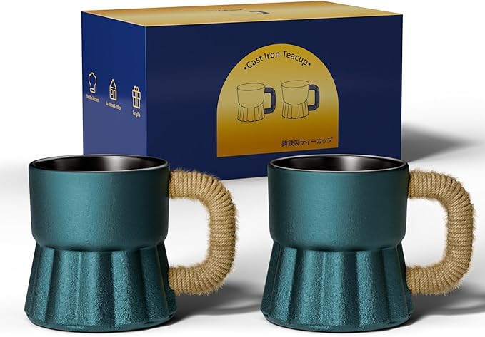 toptier 4 oz Tea Cups, Espresso Cups Set of 2, Mini Beer Mugs, Cast Iron Teacup for Tea, Coffee, Beer, Navy