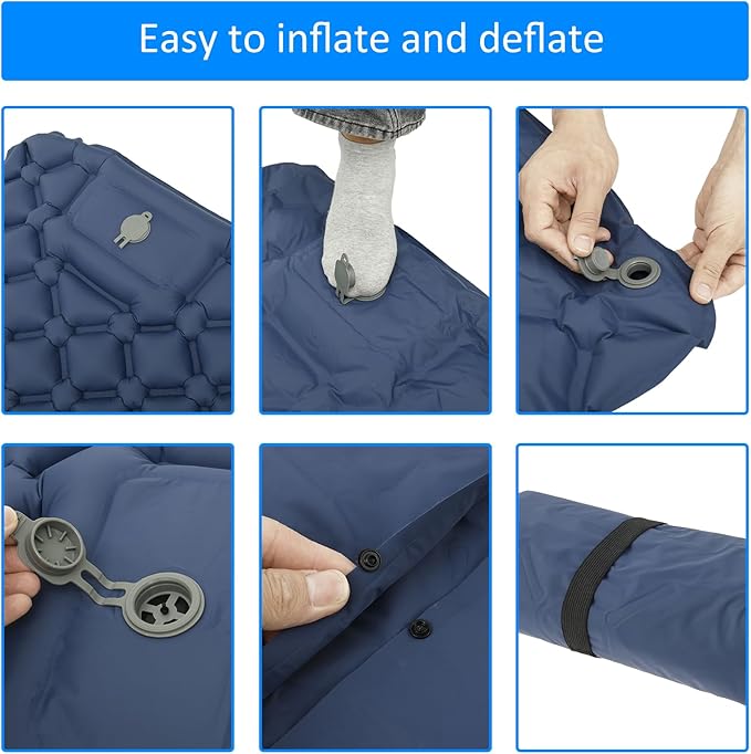Sleeping Pad for Camping with Pillow - Ultralight(1.3lbs) Inflatable Tent Mattress, 4" Thick Inflatable Bed with Foot Pump Design, Connectable for Double Bed Camping | Hiking Traveling (Navy Blue)