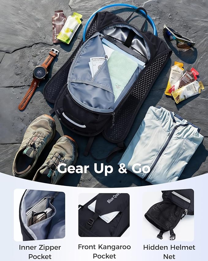 Blue Quartz Hydration Backpack with 2L Water Bladder - Lightweight Cycling & Running Pack for Men Women, Breathable Mesh Straps, L-Zip Wide Opening Hydration Pack for Quick Access
