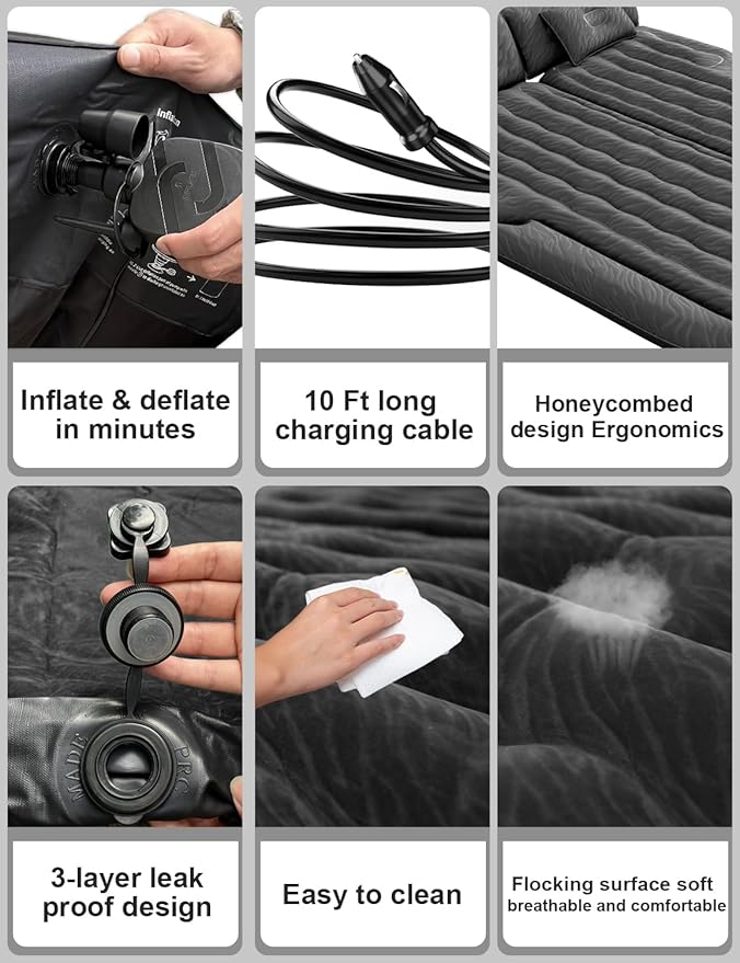 Umbrauto SUV Air Mattress for Back Trunk Folded Backseat, Inflatable Car Camping Bed for Sleeping Travel, Flocked Surface Reinforced Bottom Fits Mid-to-Full Size SUVs with Pump, Pillows Carry Bag