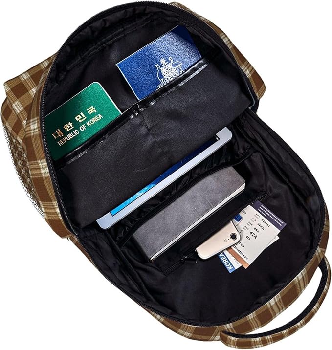 Daypack Bookbag Anti-Theft Multipurpose Large Capacity Bookbag, Beige Tartan Pattern Travel Hiking Camping Rucksack With Adjustable Shoulder Straps