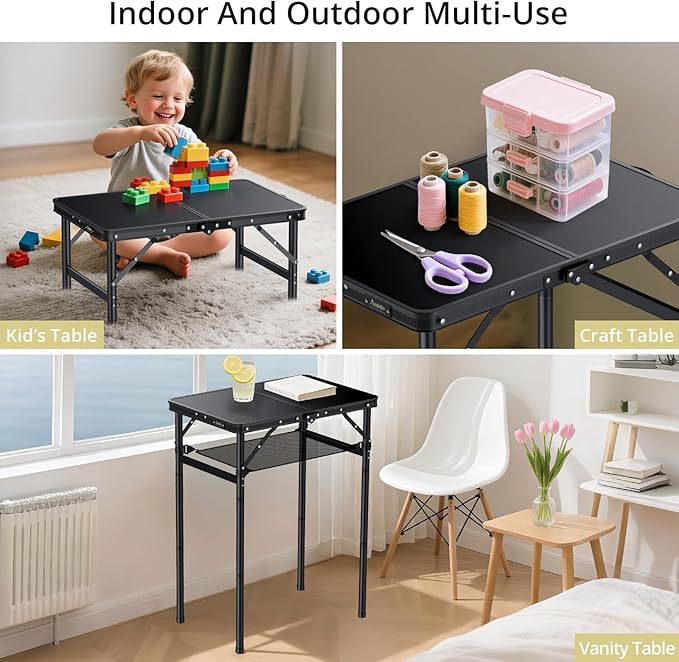 2ft Folding Camping Table Max 29.5" with Storage Net, 3 Adjustable Height Aluminum Small Folding Table, Portable Handle, Lightweight, for Travel Outdoor Beach Picnic Camp, 23.2" x 16", Black