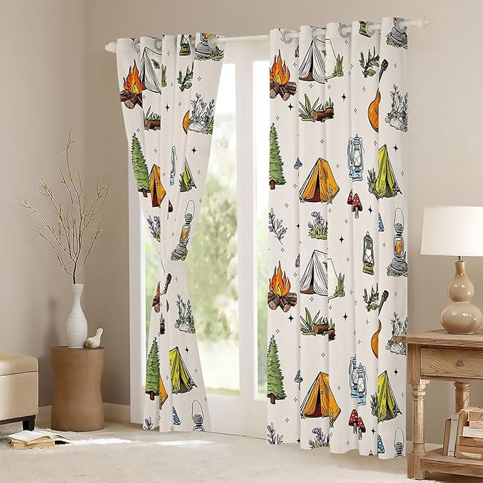 Feelyou Camping Camper Blackout Curtains Campfire Music Guitar Darkening Drapes for Bedroom Living Room Decor Happy Camping Thermal Insulated Shades Window Treatments, 2 Panels 42 x 63 Inch