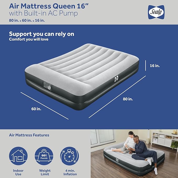 Sealy Tritech 16” Inflatable Air Mattress Bed with Built-in Pump, Storage Bag, and Repair Patch for Indoor and Outdoor Use, Queen