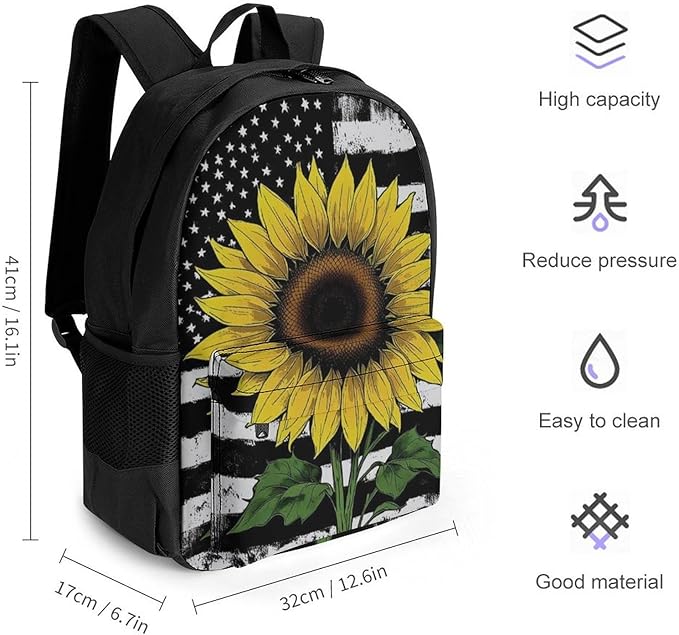 Supdreamc Men Women Lightweight American Thin Black Line Flag Sunflower Art Backpack Large Capacity Carry On Bag With Padded Straps for Sports Work Walking Cycling
